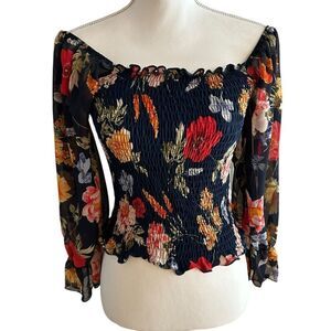 Lavish Sheer Smocked Floral Crop Blouse Size Small